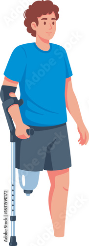 Smiling young man with curly brown hair a prosthetic leg and a forearm crutch.