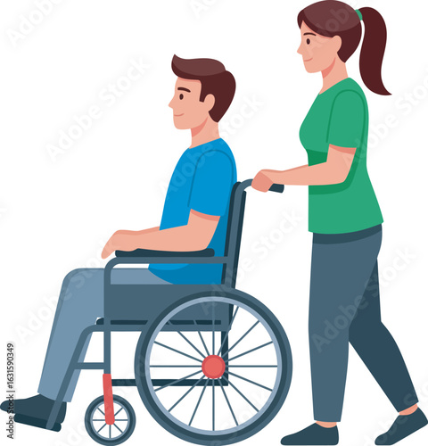 A woman with a ponytail pushes a man in a wheelchair Side profile illustration of a caregiver and patient.