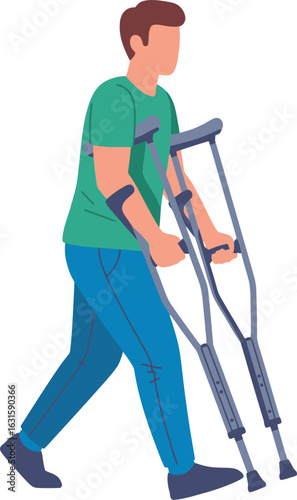 Young man with a leg injury walking with forearm crutches Flat vector illustration of a person in recovery.