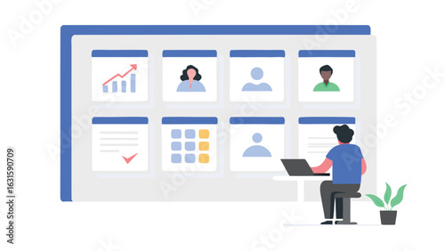 Person working on laptop with dashboard featuring charts and user profiles in a modern office setting