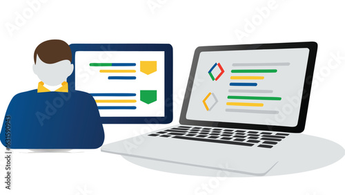 Illustration of a person next to a tablet and laptop displaying colorful charts and diagrams online