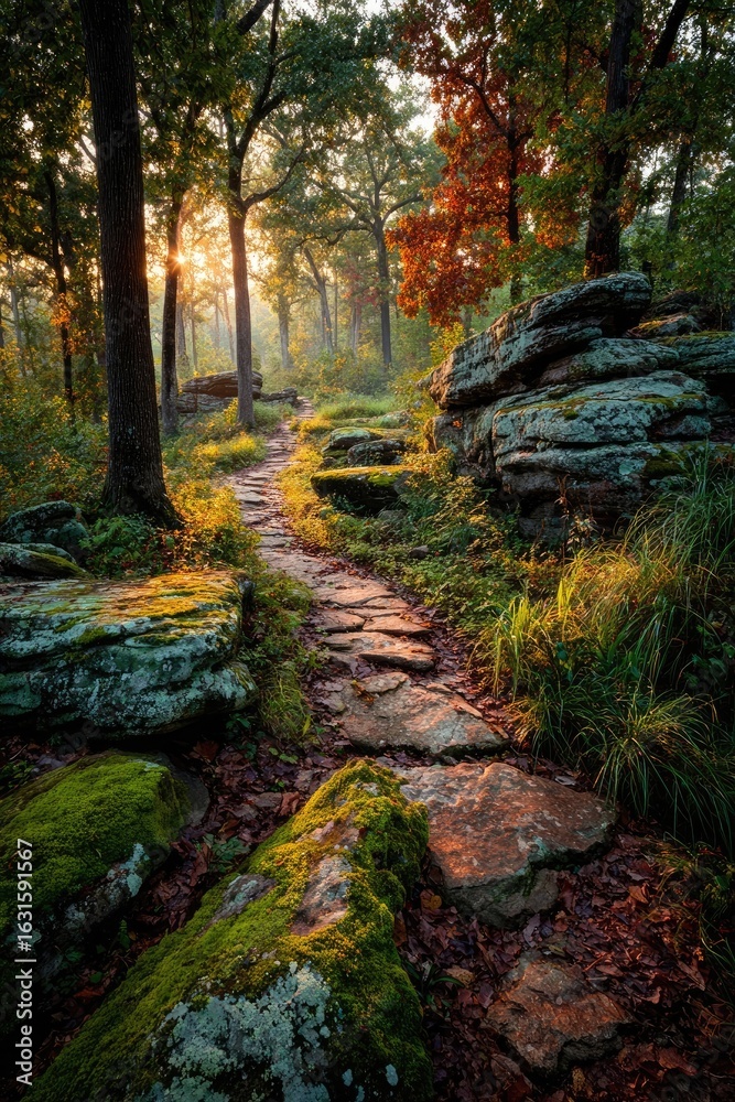 Sunlit forest path through rocks Sunlit forest path through rocks