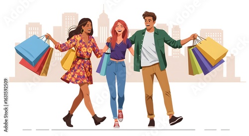Happy Shoppers with Bags in City, Shopping Illustration.