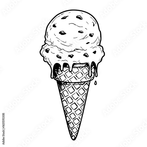 Delicious ice cream cone with chocolate chips, melting slowly down waffle cone. Sweet ice cream dessert with chocolate chunks, perfect for summer days.