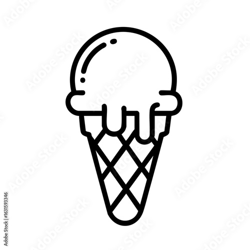 Ice cream cone illustration with melting scoop. Delicious ice cream cone is perfect for summer. Sweet ice cream cone graphic for restaurant menu, cafe advertising, or dessert shop promotion.
