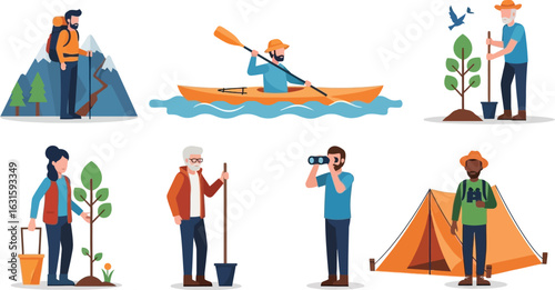 Illustration of people enjoying outdoor activities like hiking kayaking and planting trees in nature