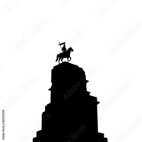 Equestrian statue silhouette on monument. Powerful equestrian statue silhouette atop imposing monument. Majestic equestrian statue silhouette ideal for historical documentaries or artistic projects.