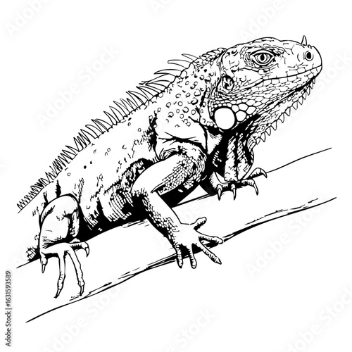 Black and white iguana illustration on branch showcases reptile's scales, spikes, and detailed anatomy. Iguana illustration is perfect for nature enthusiasts, biology students, or zoology projects.