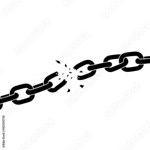 Broken chain illustration shows a snapped chain link, with shattered segments. Broken chain details fractured metal pieces, symbolizing disruption. Commercial broken chain for illustrating freedom,