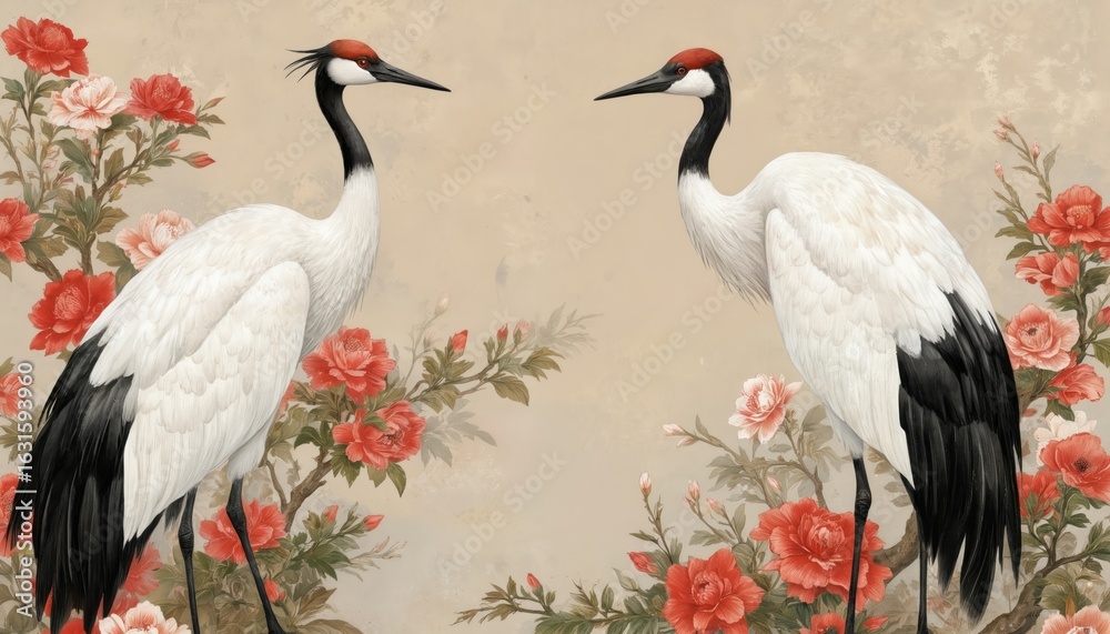 Fototapeta premium Two elegant Japanese cranes stand in vibrant red flowers. Illustration features seamless oriental floral pattern with white birds, blooming peonies. Artwork combines traditional Asian art styles with