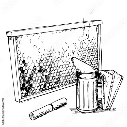 Bee smoker, honeycomb frame and honey roll illustration, beekeeping tools, with fume rising. Bee smoker, frame and honey roll are necessary for beekeeping works.