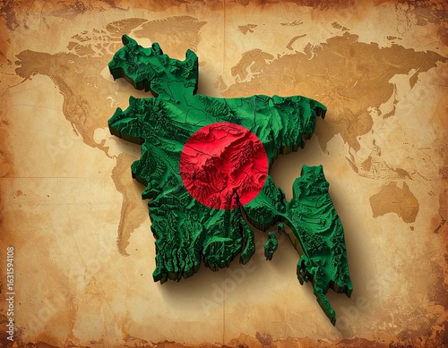 A textured map of Bangladesh is overlaid with its national flag, set against a vintage world map background. The image highlights Bangladesh's geographical location and national identity.