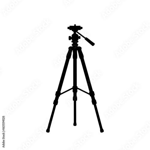 Isolated tripod on white background, black photographic equipment, stands ready to capture images. This tripod is a support for cameras with its adjustable legs ensuring stability.