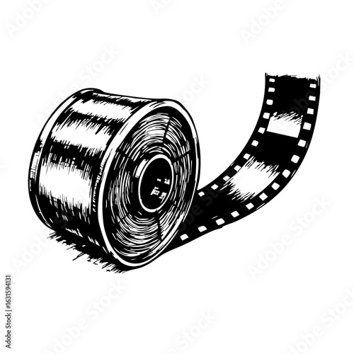Image effects featuring film roll, a hand-drawn illustration of retro film, and classic cinema reel. Image effects for classic filmmaking and animation.