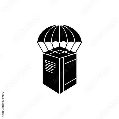 Fast delivery service with package box and parachute, shipping box arrives safely. This quick delivery concept ensures items are protected during shipping. Express delivery promises timely arrival,