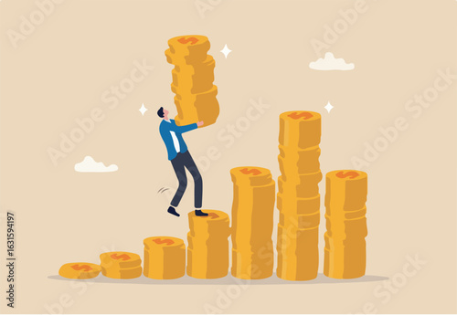 Investment growth compound interest, capital gain profit or wealth accumulation, increase pension fund or revenue, financial success, increase deposit value concept, businessman increase money stack.