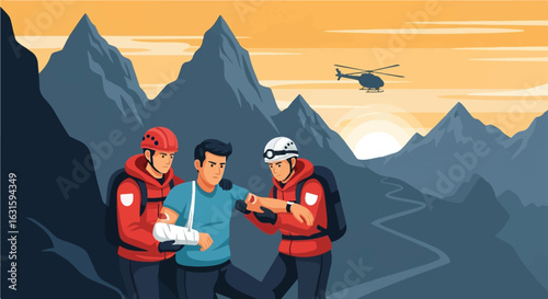 Mountain rescue team assists injured hiker; helicopter support visible.