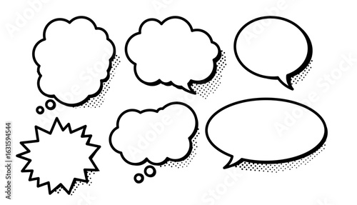 Comic speech bubbles and thought balloons set, line vector illustration