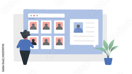 Person viewing profile grid on a blue screen with a plant in a pot on the right side of the screen
