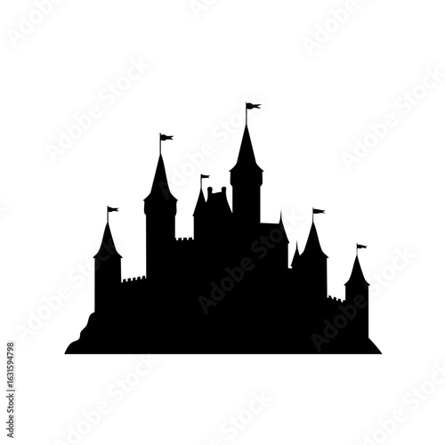 Silhouette of castle featuring turrets against simple white background, evoking Image FX. Silhouette highlights architectural details and create visual interest, suggesting fairytale imagery.