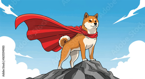 Proud Shiba Inu superhero stands atop a rocky peak, wearing a flowing red cape against a bright blue sky.
