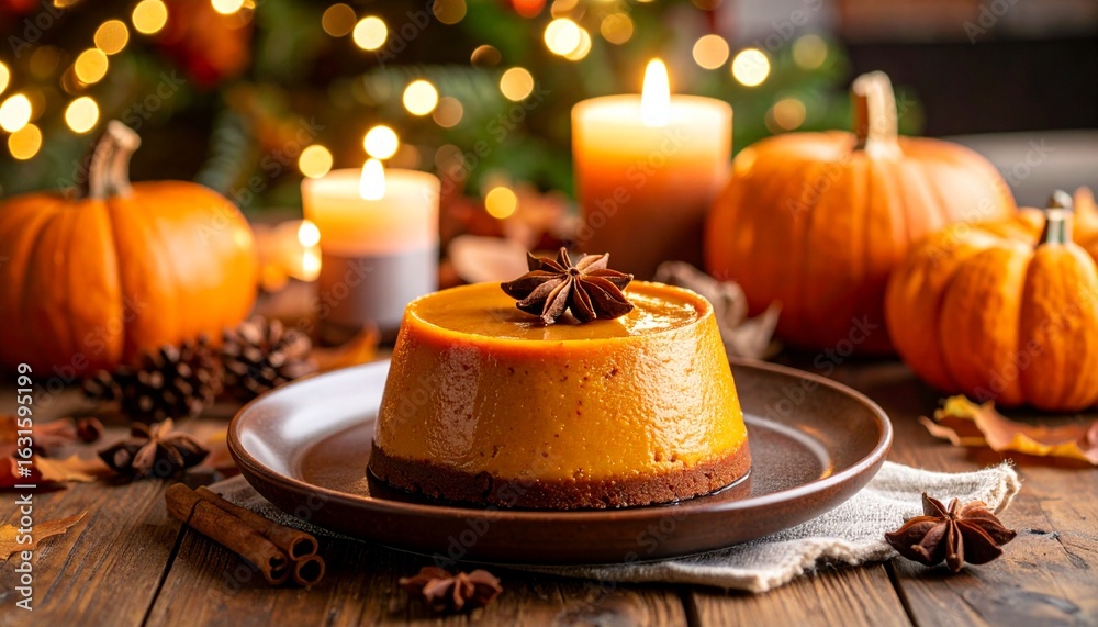 Naklejka premium キャンドルに照らされたかぼちゃプリンの秋カフェ