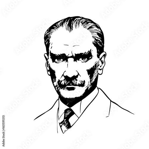 Pen and ink portrait of serious man with mustache. Detailed drawing shows man's facial features, including wrinkles and strong gaze.