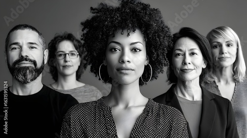 Portrait of a Diverse Group of Five Individuals in Black and White with Varying Expressions and Styles