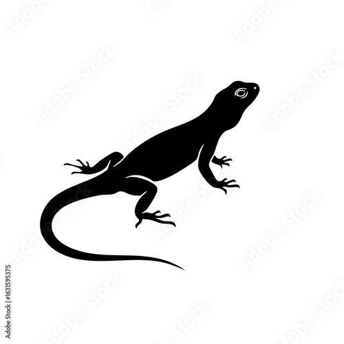 Black lizard silhouette. Reptile profile view shows detailed body and long tail.  Lizard graphic for zoology textbook or reptile themed apparel design.