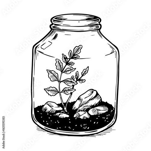 Glass jar terrarium with small fern plant and stones. Simple jar terrarium design includes green fern leaves and small grey stones. Stylish glass jar terrarium concept for home decor and plant lovers.