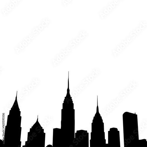 Cityscape silhouette with skyscrapers and modern buildings. City skyline illustration shows iconic buildings and urban architecture.
