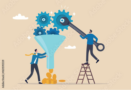 Optimization to improve result, adjust marketing factor to gain more profit, efficiency or growth, fix process for best result concept, businessman using wrench to optimize process better performance.