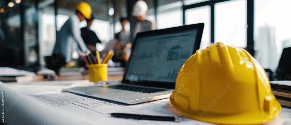 Fototapeta premium The yellow helmet and laptop on a busy construction planning workspace.