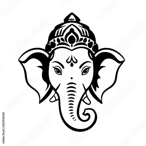 Artistic depiction of Ganesha face, intricate deity design on white background. Ganesha Face includes symbolic details like the trunk, large ears, and headdress.