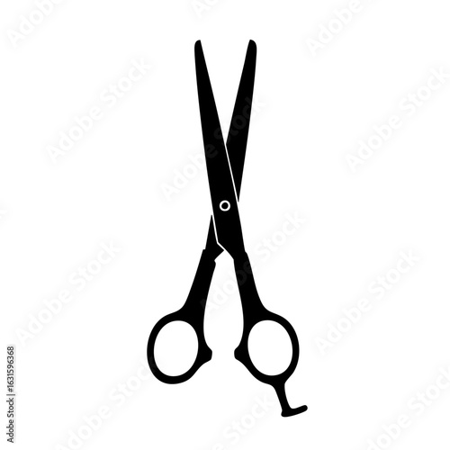 Black silhouette of scissors isolated against white shows a clean and simple hairdressing tool. Scissors, a necessary equipment for barber shops, represent both sharpness and precision.