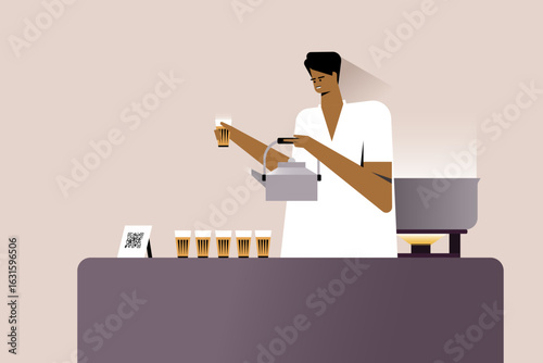 An Indian tea seller serving tea in glasses