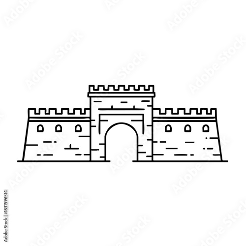 Ancient Chinese wall with arched gate in linear style. Ancient Chinese wall design showcases rich history, ancient architecture stands as a symbol of resilience.