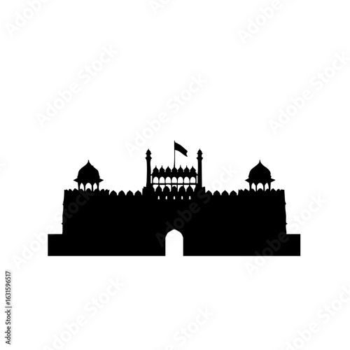 Red fort silhouette, architectural structure is captured against a clean background. Red fort silhouette highlights gate and architecture, reflecting historical design.