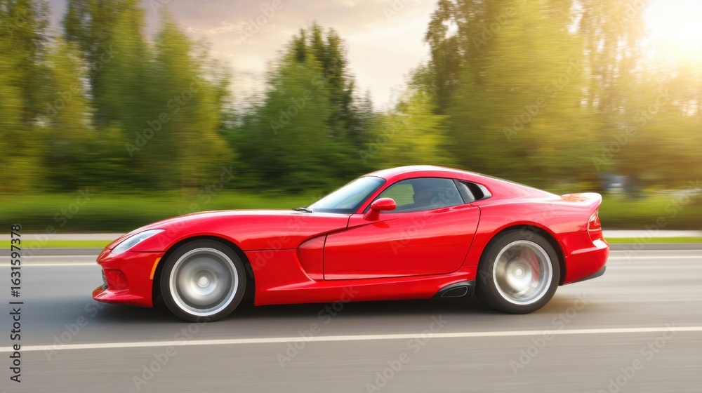 Fototapeta premium A red sports car speeds down an open road, passing by trees near the roadside,