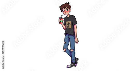 A shy cartoon teenager with a coffee cup. A blushing boy in ripped jeans and a black t-shirt, representing modern youth lifestyle.