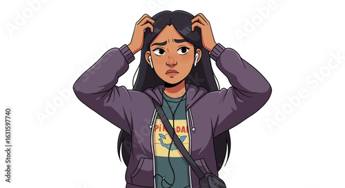A stressed and confused young woman with her hands on her head, feeling anxious and overwhelmed. Isolated cartoon portrait of a troubled student.