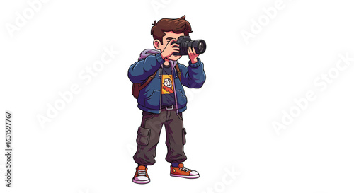 Illustration of a young male photographer character holding a DSLR camera and taking a picture. A casual hobbyist with a backpack, isolated on a white background.