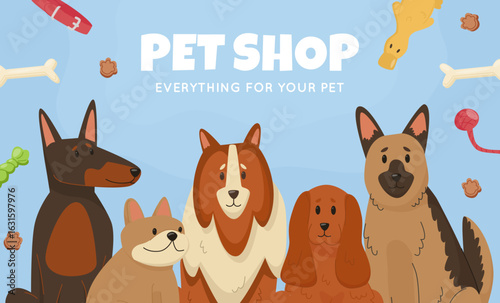 Pet Shop Advertising Banner with Hand Drawn Dogs.