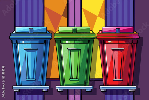 vector of Three designs of trash cans on the door for waste and garbage in three different colors...contrasting background. A lot of use.