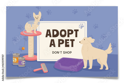 Adopt a Pet Poster with Hand Drawn Dog and Cat.