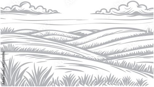 Rolling Hills Landscape with Wheat Fields under Cloudy Sky