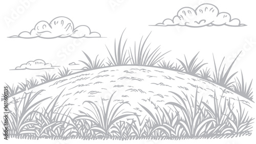 Grassy Hillside Scene with Clouds in Line Art