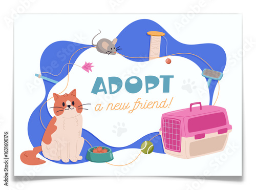 Adopt New Friend Promo Poster with Hand Drawn Cat.