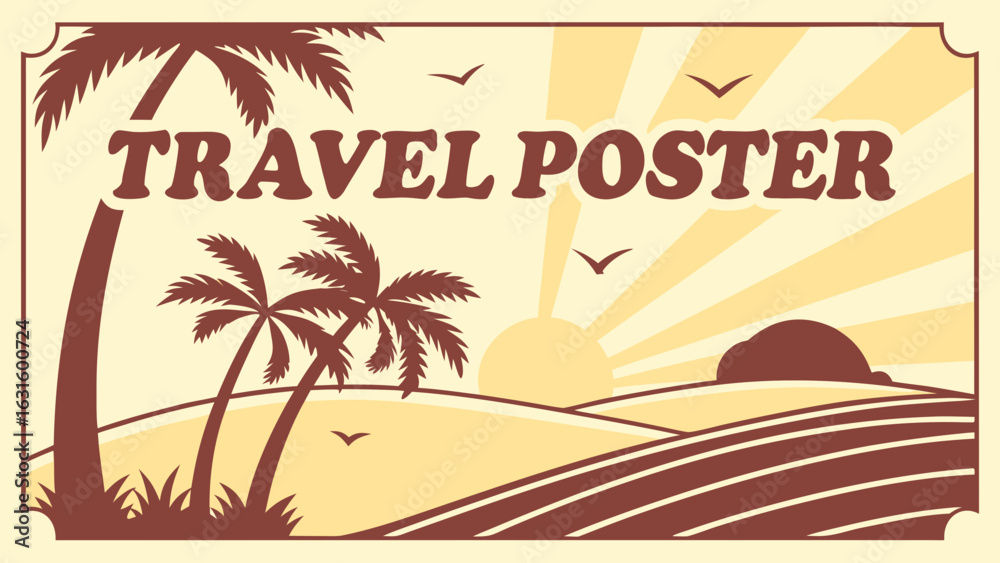Fototapeta premium A retro-inspired travel poster featuring palm trees and a sunset over rolling hills.
