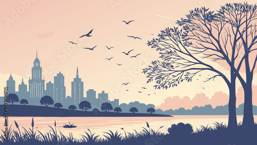 Silhouetted skyline at dusk with trees and flying birds above a tranquil lake.